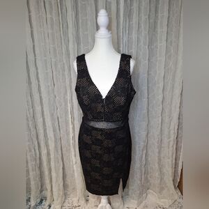 City Triangles Y2K Vintage Black V Neck Sexy Lace Mesh Waist Midi Coctail Dress